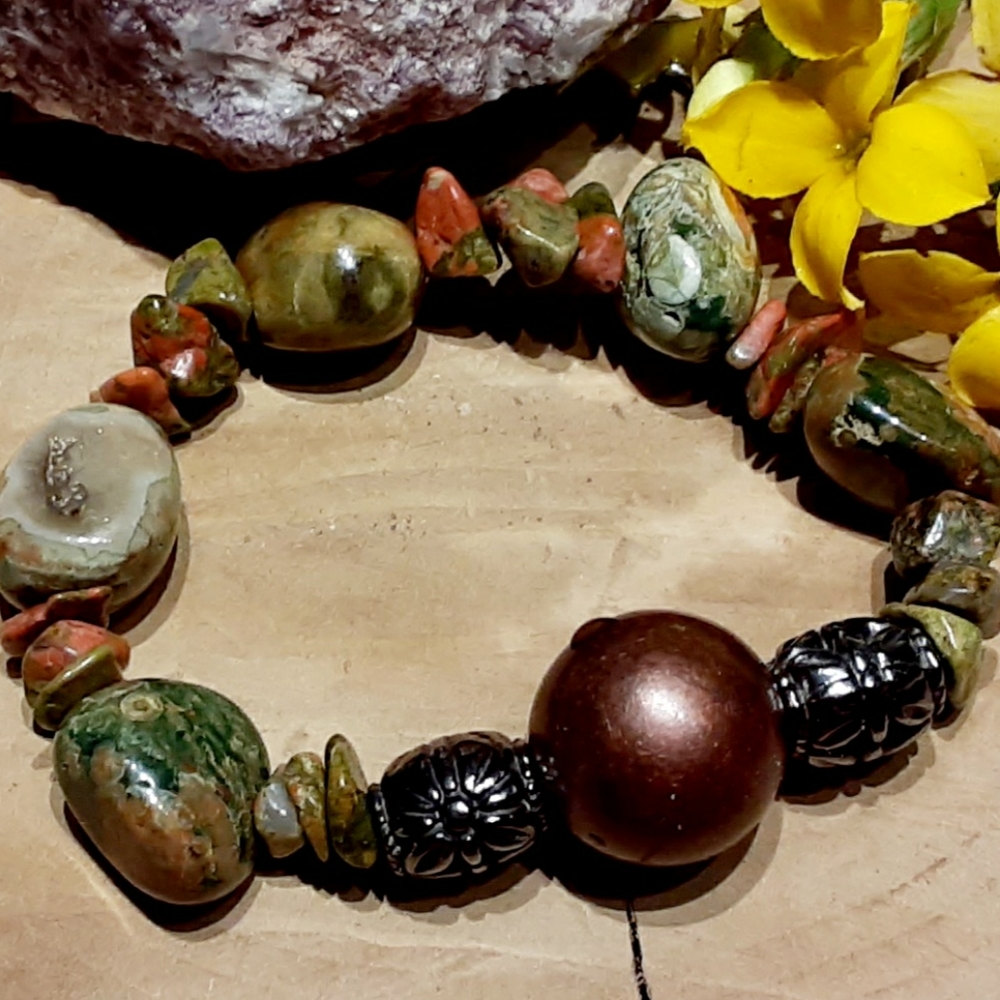 Grounding, Earthy Boho Unakite Stretchy Bracelet